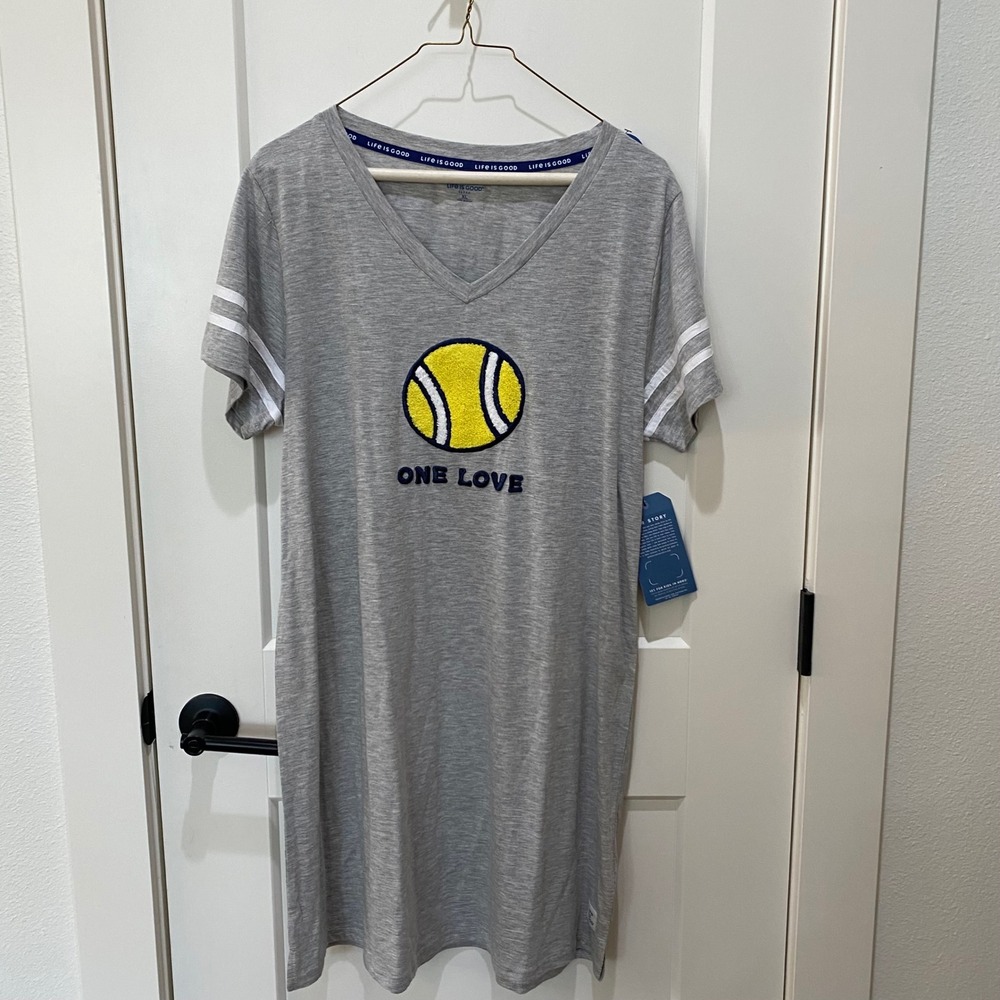 Life is Good Ladies Night Shirt. Tennis Ball-One Love. XL, Gray/Yellow/Navy, NWT